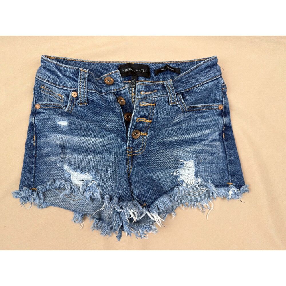 Kendall + Kylie Distressed Denim Shorts Medium Wash 0/24